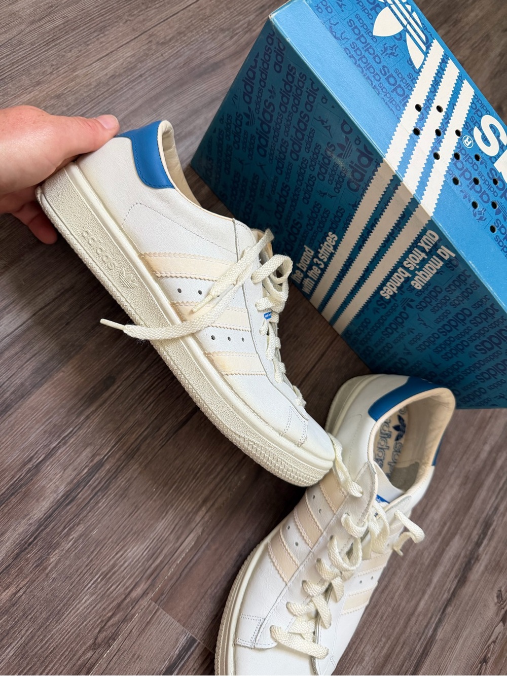 Adidas White Leather Sneakers with Blue Heel Tab